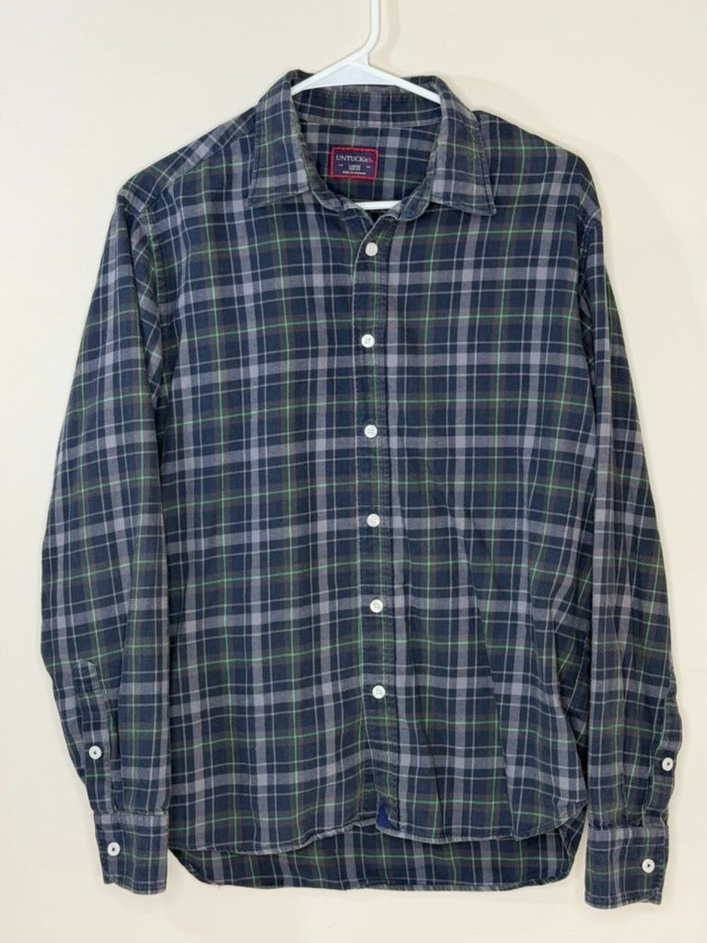 UNTUCKit Mens Large Slim Fit Plaid Button-Up flannel Shirt Navy Green 100% Cotto